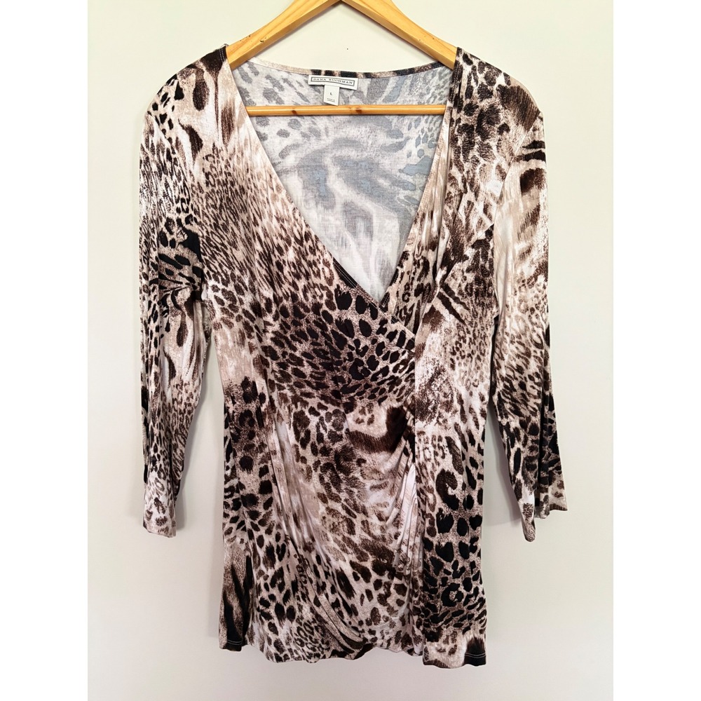 Dana Buchman Animal Print Faux Wrap Top Brown Leopard 3/4 Sleeve Large